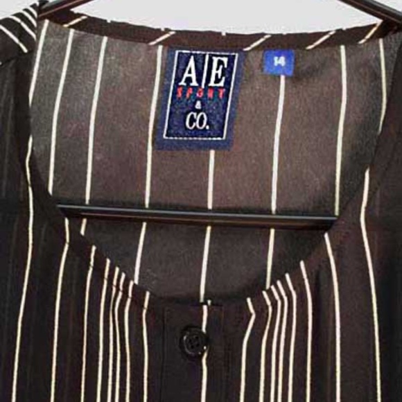 SHEER BLOUSE, LONG SLEEVES, BLACK/GOLD, MISSES 14, FINE VERTICAL STRIPES, - Picture 3 of 3